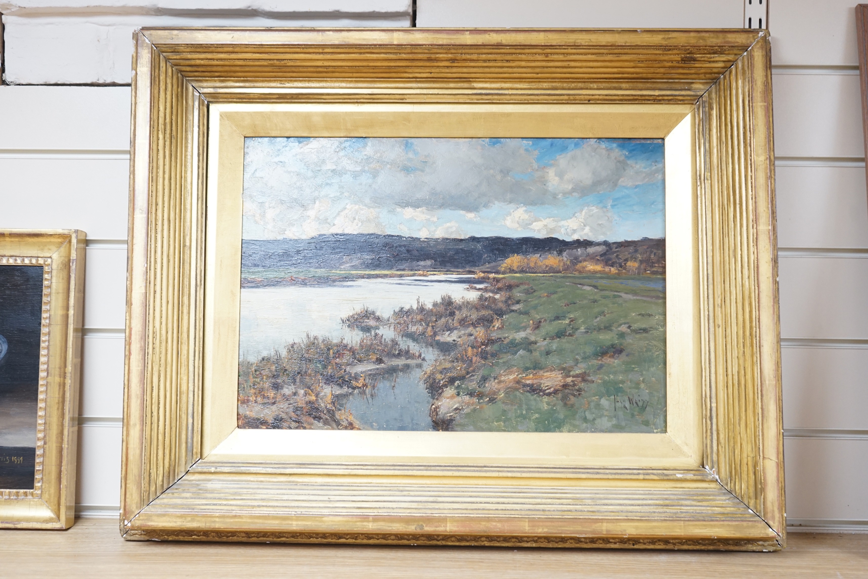 José Weiss (1859-1919), oil on wooden panel, River landscape, signed, 32 x 46cm